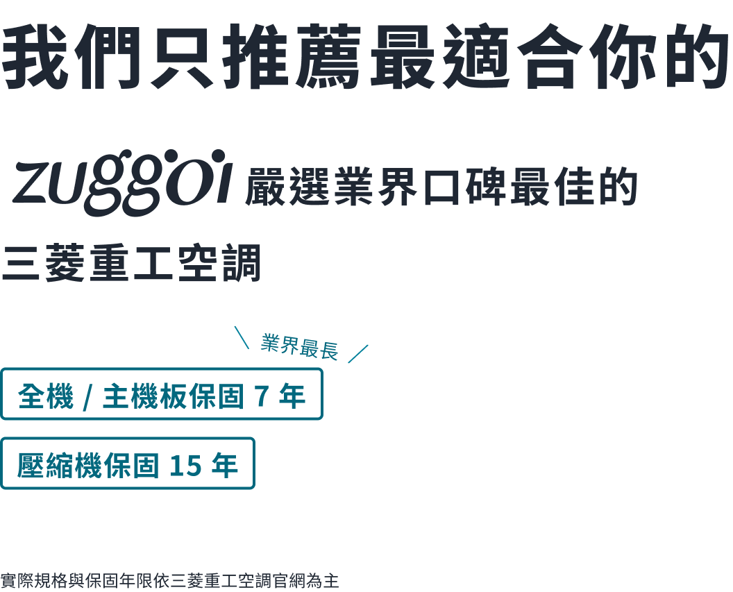 我們只推薦最適合你的 嚴選業界口碑最佳的 三菱重工空調 全機 / 主機板保固 7 年 壓縮機保固 15 年 實際規格與保固年限依三菱重工空調官網為主